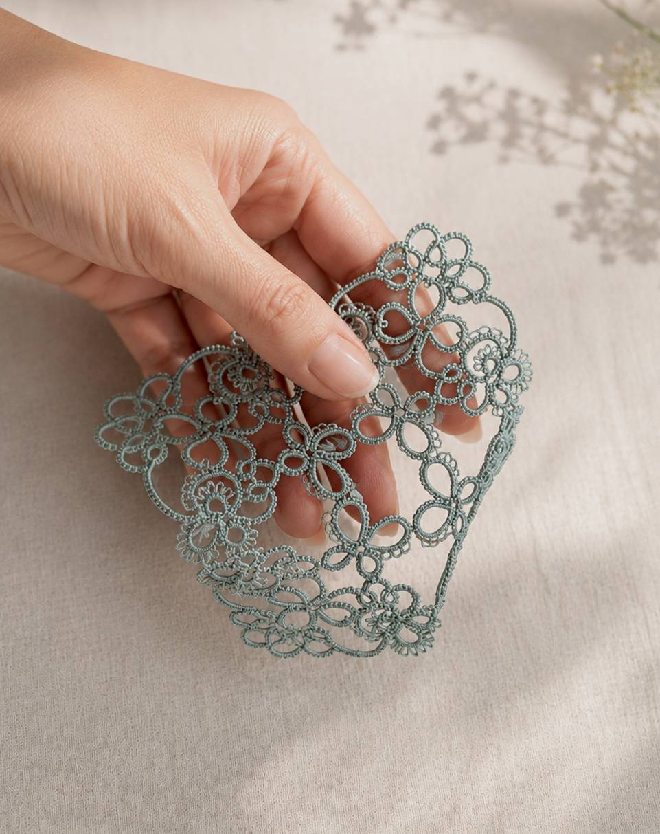 手のひらでやさしく持ち上げた、たま結のタティングレース作品